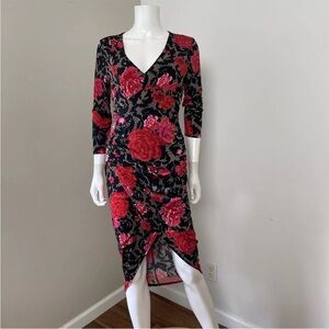 Floral V-Neck Dress - Black and Red